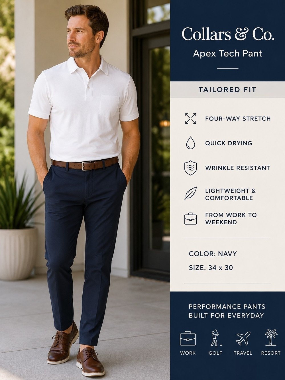 Collars & Co. Apex Tech Pants Navy Men’s 34x30 Tailored Fit NWT $118